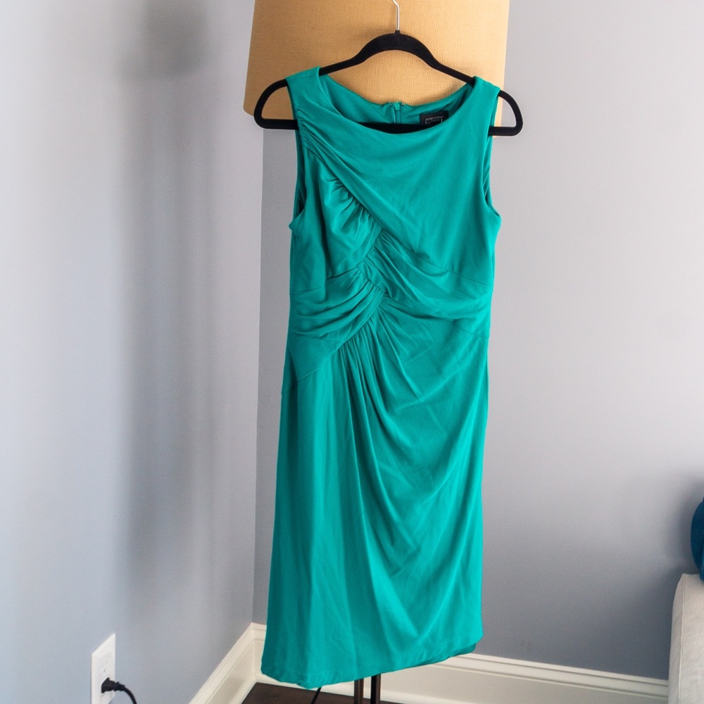 Teal mesh tank sheath dress with gathering